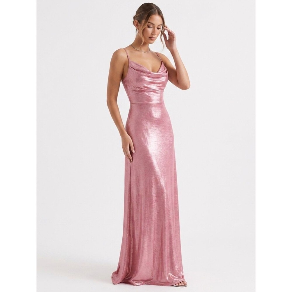 Morgan & Co. Metallic Pink Cowl Neck Maxi Dress - S